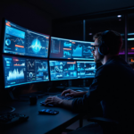 Professional analyzes data on multiple monitors in a high-tech, dimly-lit control center.