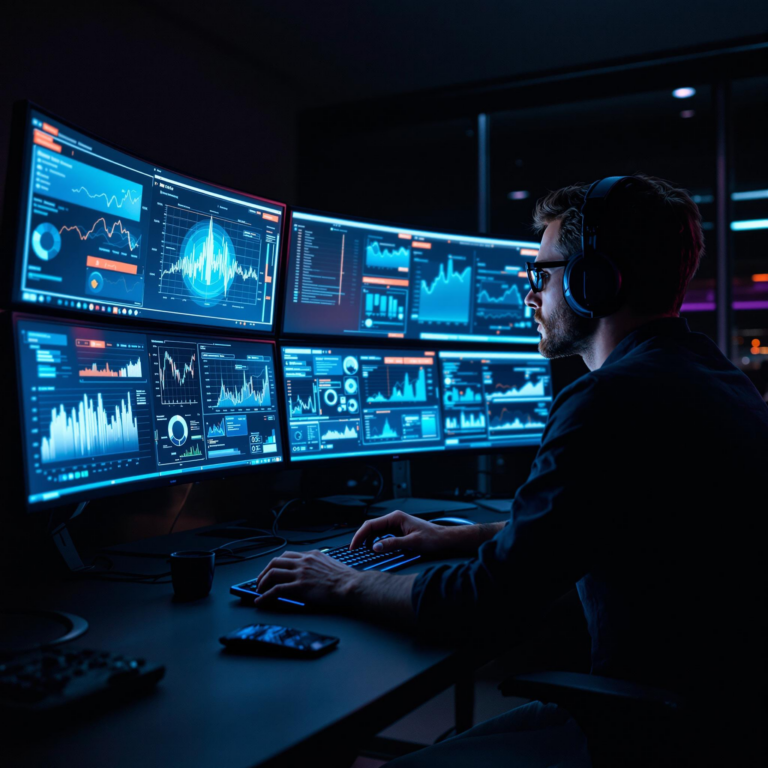 Professional analyzes data on multiple monitors in a high-tech, dimly-lit control center.