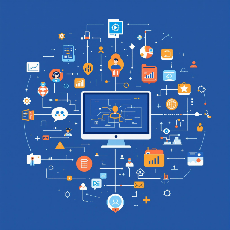 Illustration of a brain-shaped network with digital icons and human silhouettes in a modern color scheme.