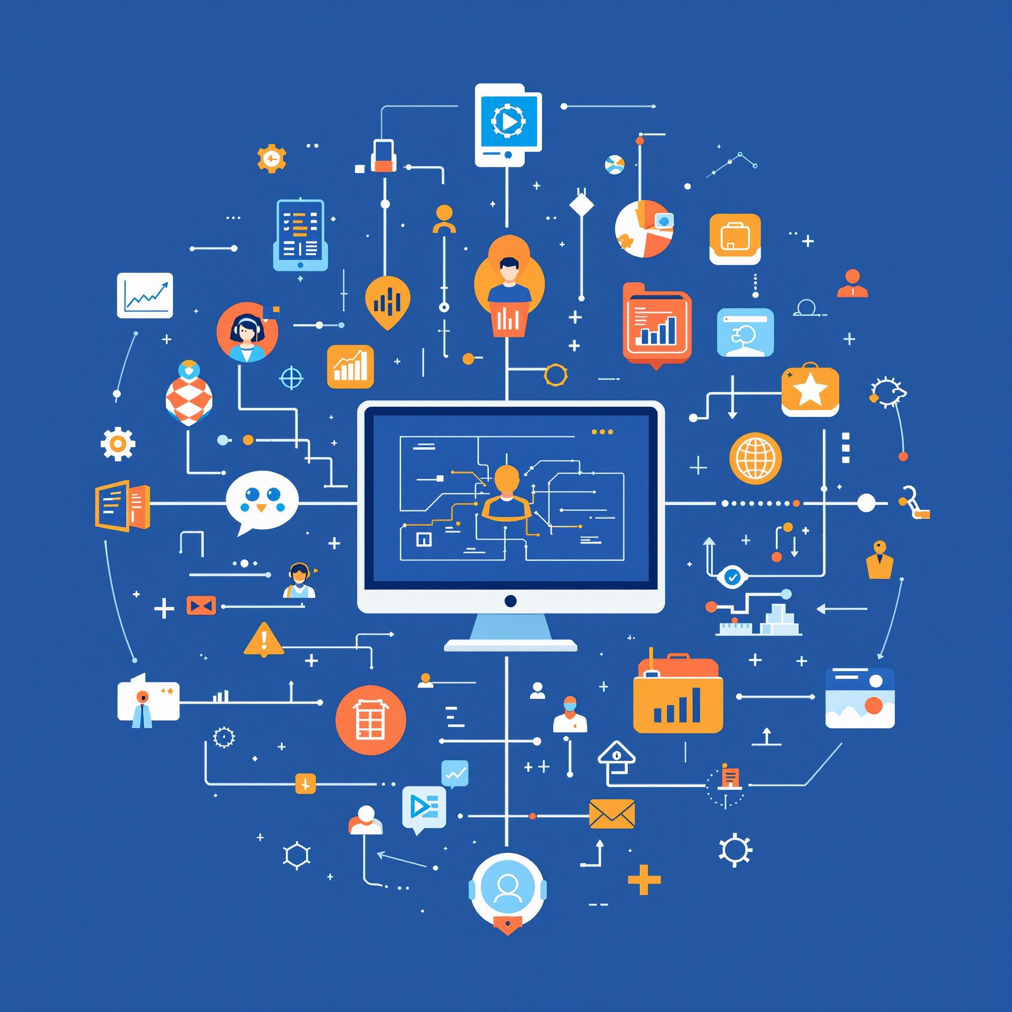 Illustration of a brain-shaped network with digital icons and human silhouettes in a modern color scheme.