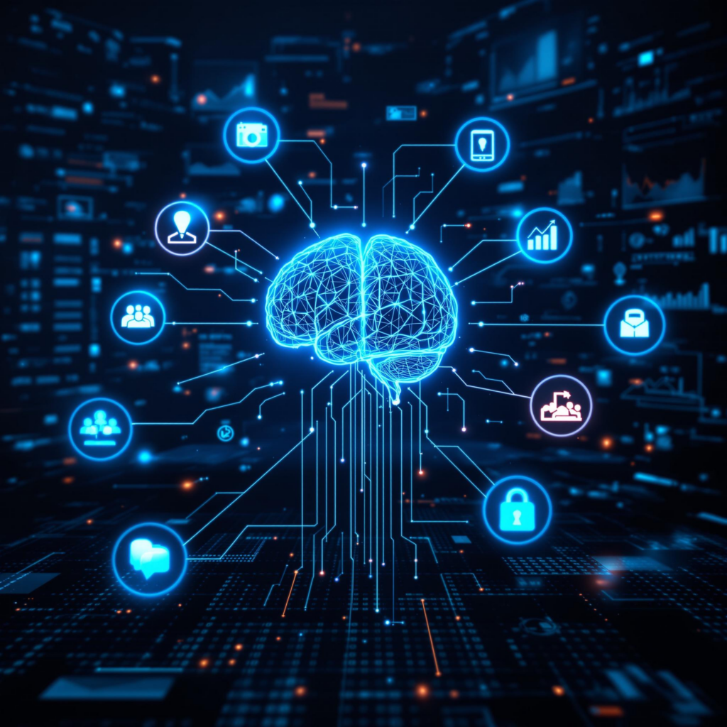 AI brain with connected technology icons on a digital circuitry background.