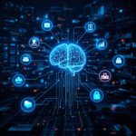 AI brain with connected technology icons on a digital circuitry background.