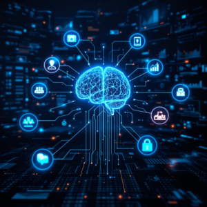 AI brain with connected technology icons on a digital circuitry background.