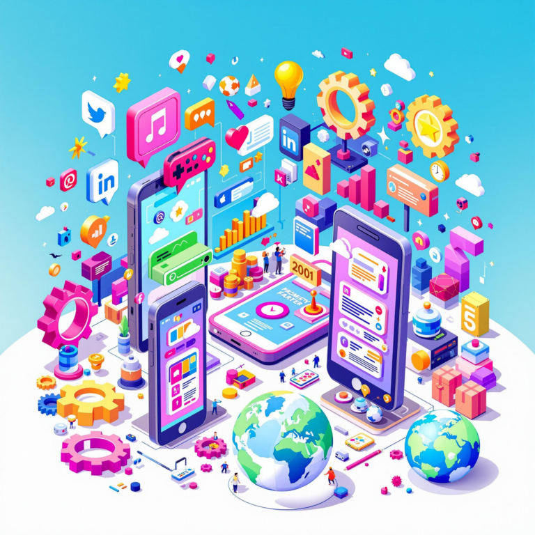 Colorful illustration of digital technology gamification with smartphones and social media icons.