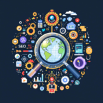 Illustration of digital marketing tools and analytics around a magnified Earth.