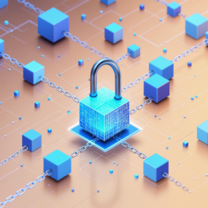 Digital security network with 3D padlock and glowing interconnected nodes on orange backdrop.