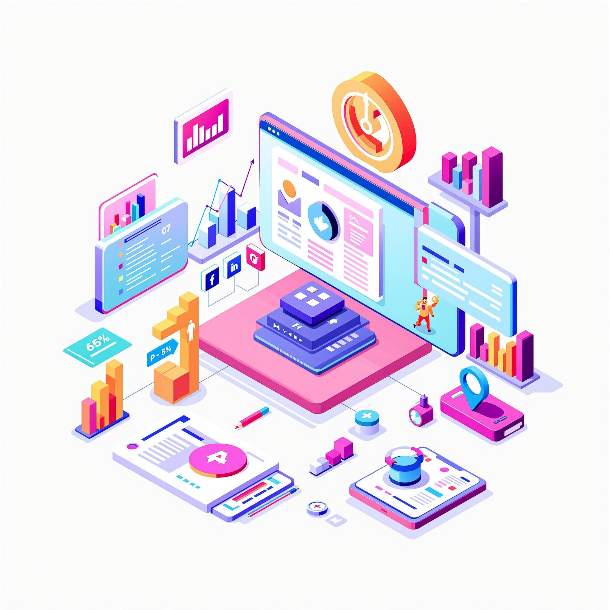 Colorful digital workspace illustration with charts, devices, and web design icons.