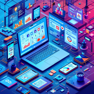 Isometric digital workspace with laptop, smartphones, and analytics displays in vibrant colors.