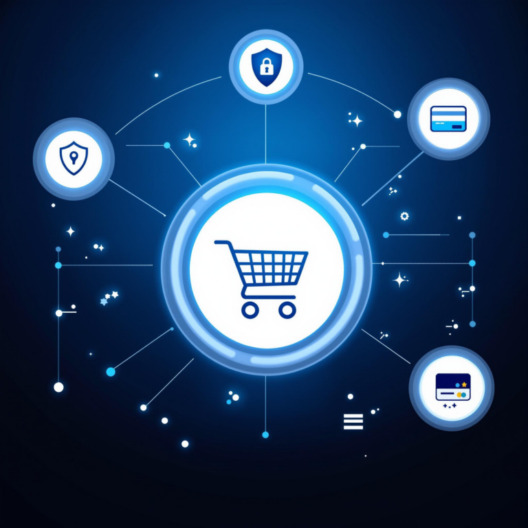 Modern e-commerce cybersecurity graphic with interconnected icons on a blue background.