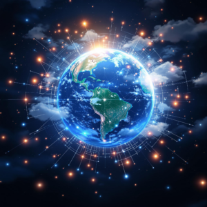 Digital artwork of Earth with glowing connectivity lines, symbolizing global SEO and technology.