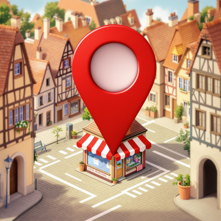 Cartoon European village with traditional houses and modern map pin icon.