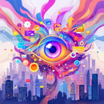 Colorful digital art of an eye with data symbols and urban skyline.