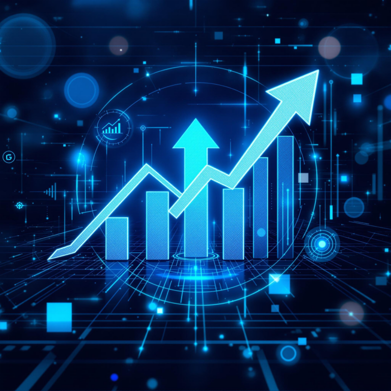 Dynamic image of rising financial charts and digital data analytics in blue tones.