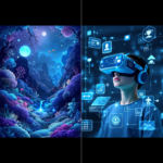 Split-screen illustration of dreamy forest and VR technology with social media icons.