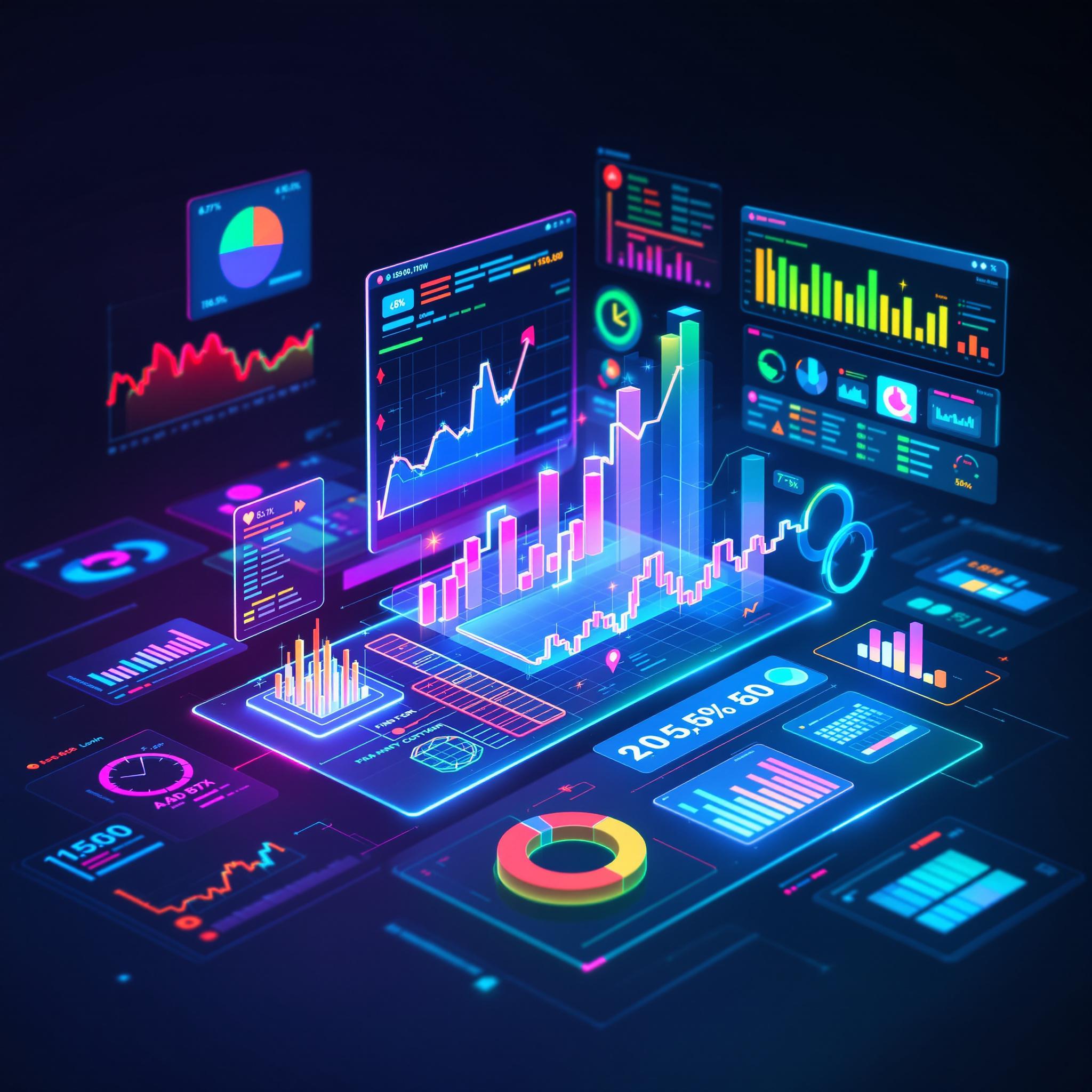 Futuristic 3D data visualization with neon graphs and holographic charts in financial analytics.