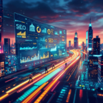 Futuristic cityscape highlights SEO metrics and digital marketing trends at twilight.