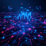 Futuristic cityscape with neon data lines illustrating advanced digital analytics.