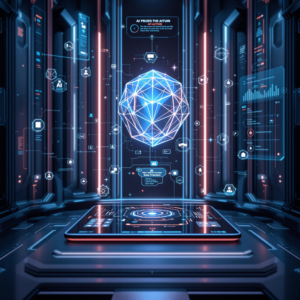 Futuristic data center with holographic displays and neon lights, showcasing advanced technology.