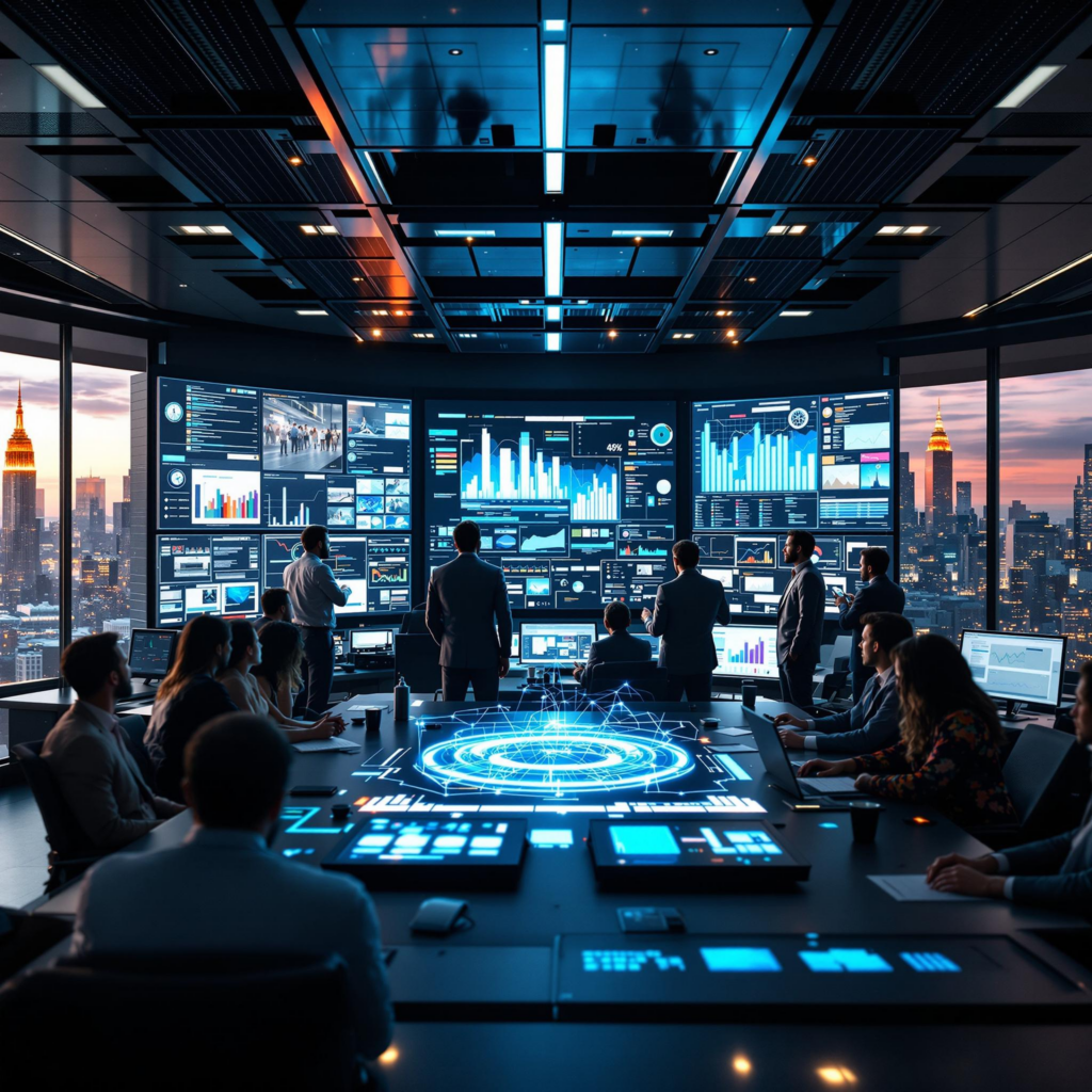 Modern command center with team analyzing data on holographic display and digital screens.