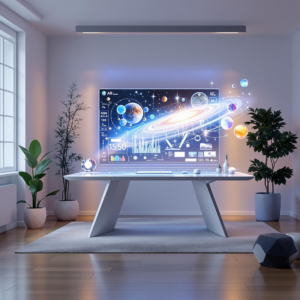 Modern AR workspace with holographic display of celestial data and minimalist design elements.