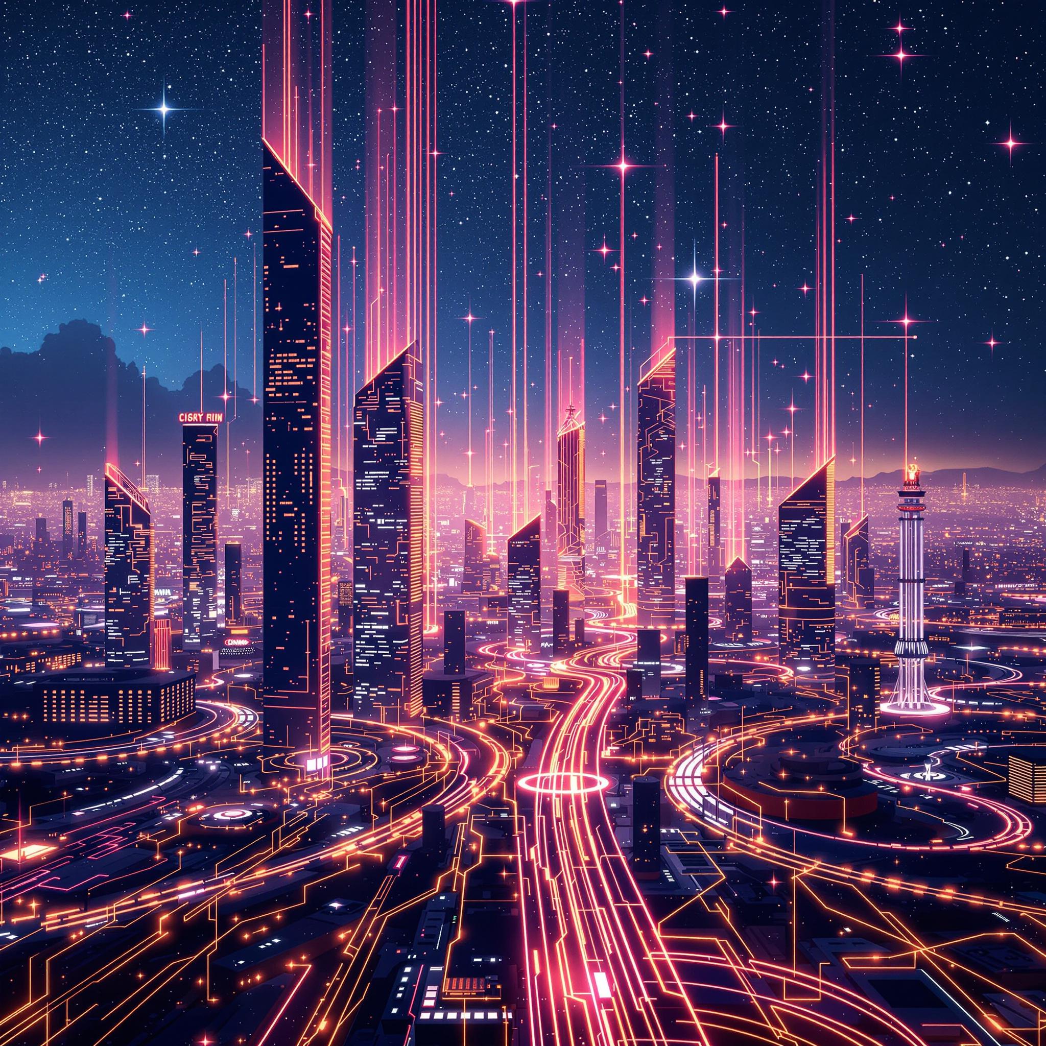 Futuristic cityscape with neon lights and dynamic highways under a starry sky.