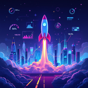 Futuristic rocket launch over neon city portrays advanced website speed optimization.