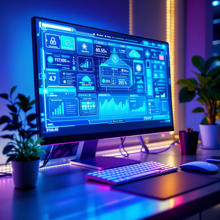 Modern digital workspace with futuristic interface, analytics and neon blue lighting.