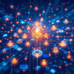 Digital network visualization with global connectivity and data icons.