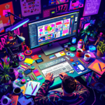 Graphic designers neon-lit workspace with multiple monitors, stationery, and vibrant decor.