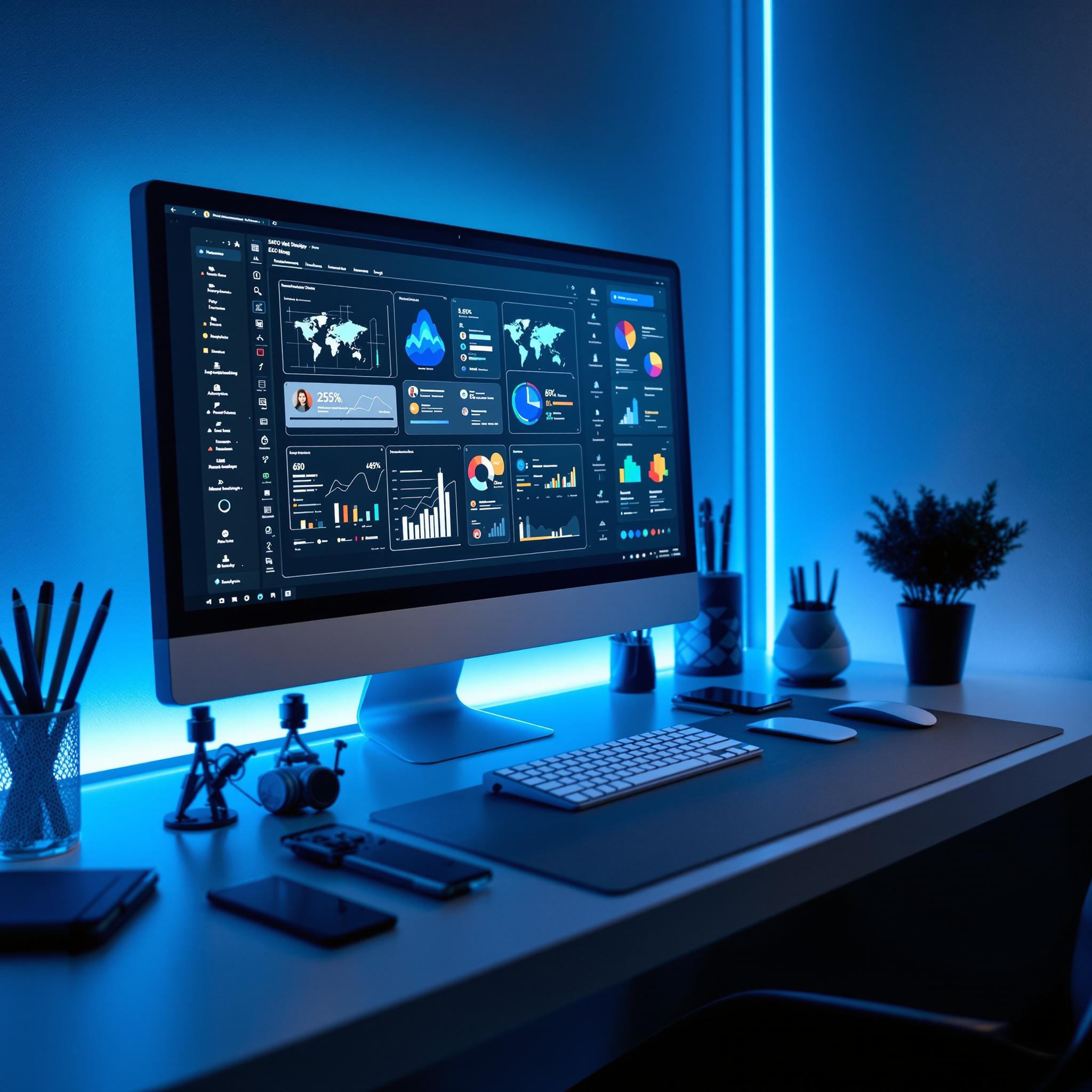 Modern tech workspace with advanced computer, blue LED lighting, and minimalist design.