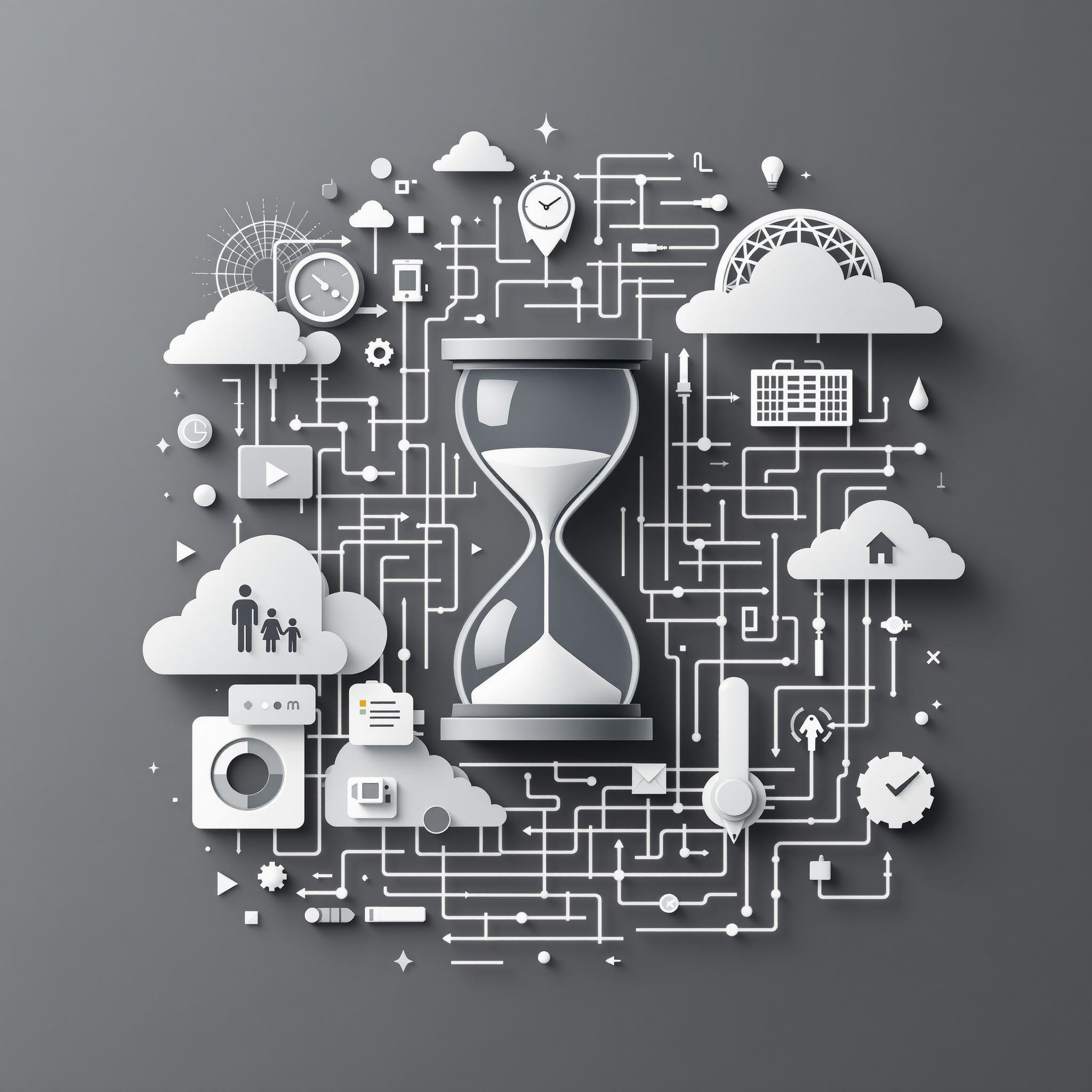 Modern grayscale image of an hourglass framed by technology symbols and productivity tools.