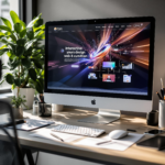 Modern iMac workspace with vibrant web design tools, natural light, and greenery.