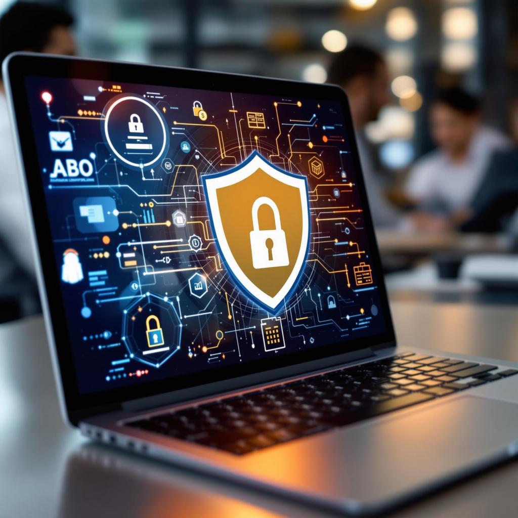 Modern laptop displays cybersecurity graphic with shield and lock icon in office setting.