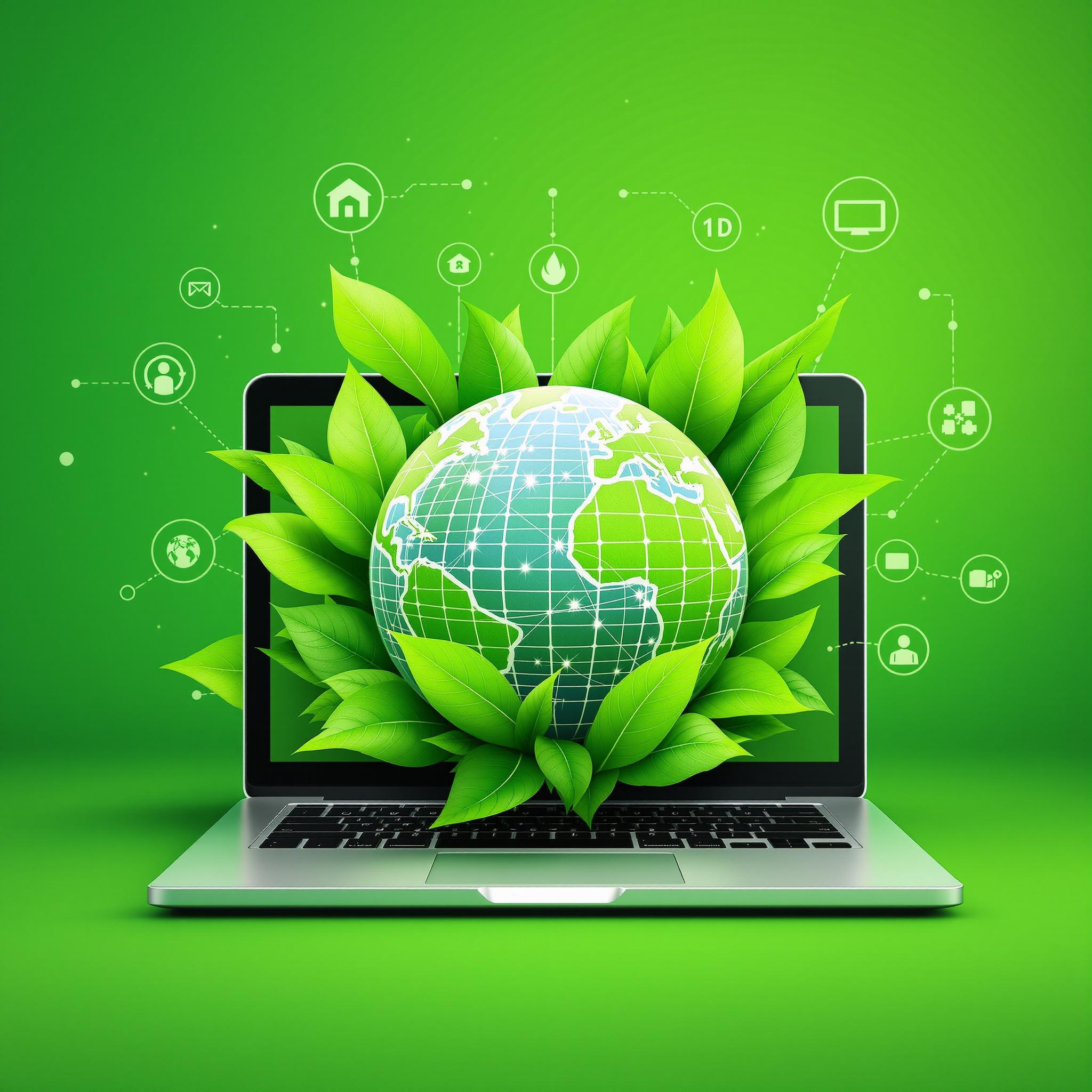 Laptop with Earth display and solar panels surrounded by green, symbolizing eco-friendly tech.