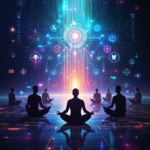 Futuristic meditation scene with silhouetted figures and vibrant digital icons.