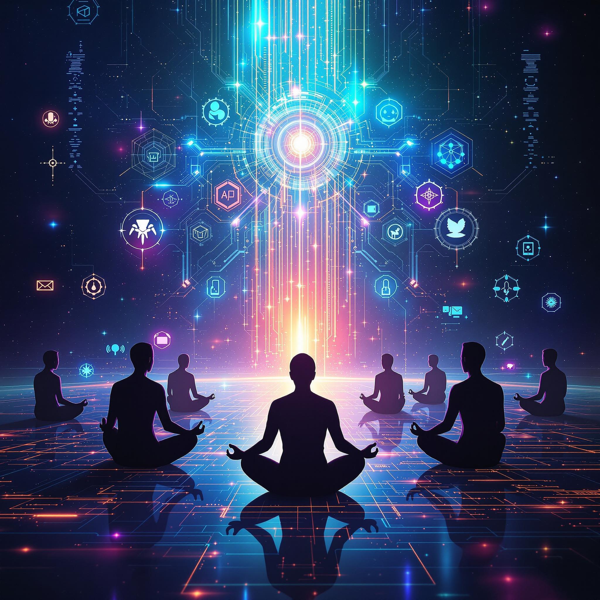 Futuristic meditation scene with silhouetted figures and vibrant digital icons.