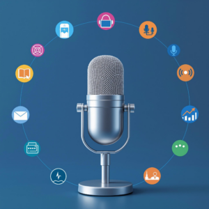 Modern microphone with digital icons on blue background for podcasting and broadcasting.