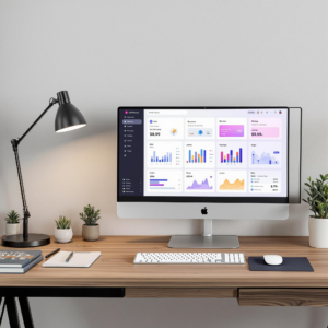 Modern UX/UI workspace with computer, stylish lamp, and decorative accessories on wooden desk.