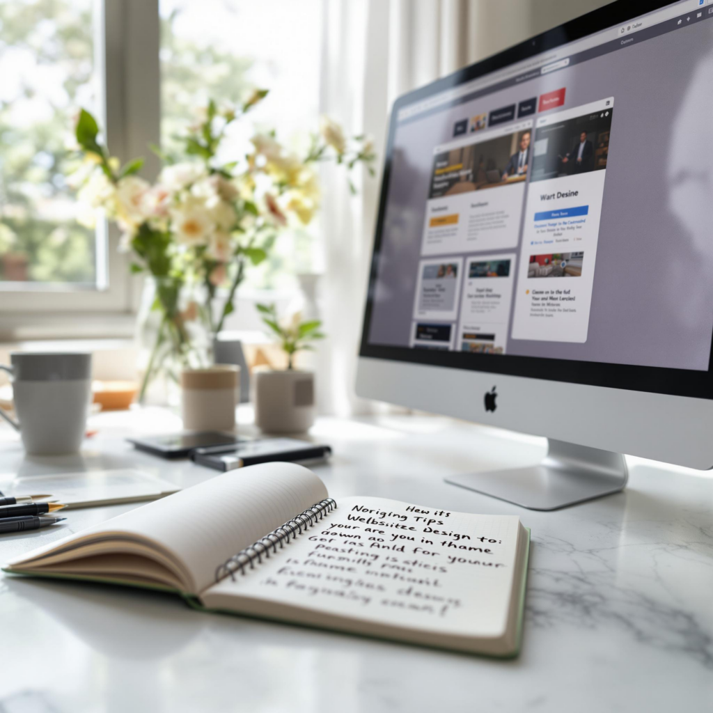 Bright modern office with iMac, coffee cups, and fresh flowers on a sunny day.