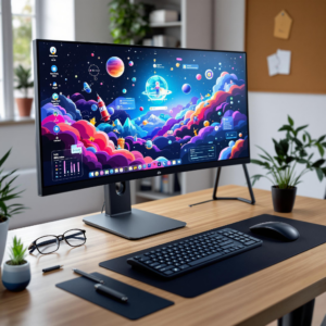 Modern workspace with vibrant space-themed monitor display, sleek accessories, and natural light.