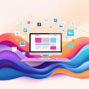 Modern digital workspace with web design and marketing icons on vibrant abstract background.