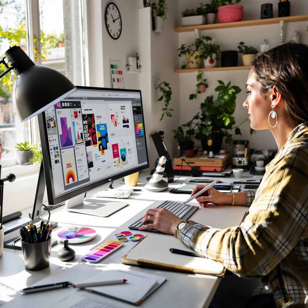 Young female graphic designer working in a bright, plant-filled office space.