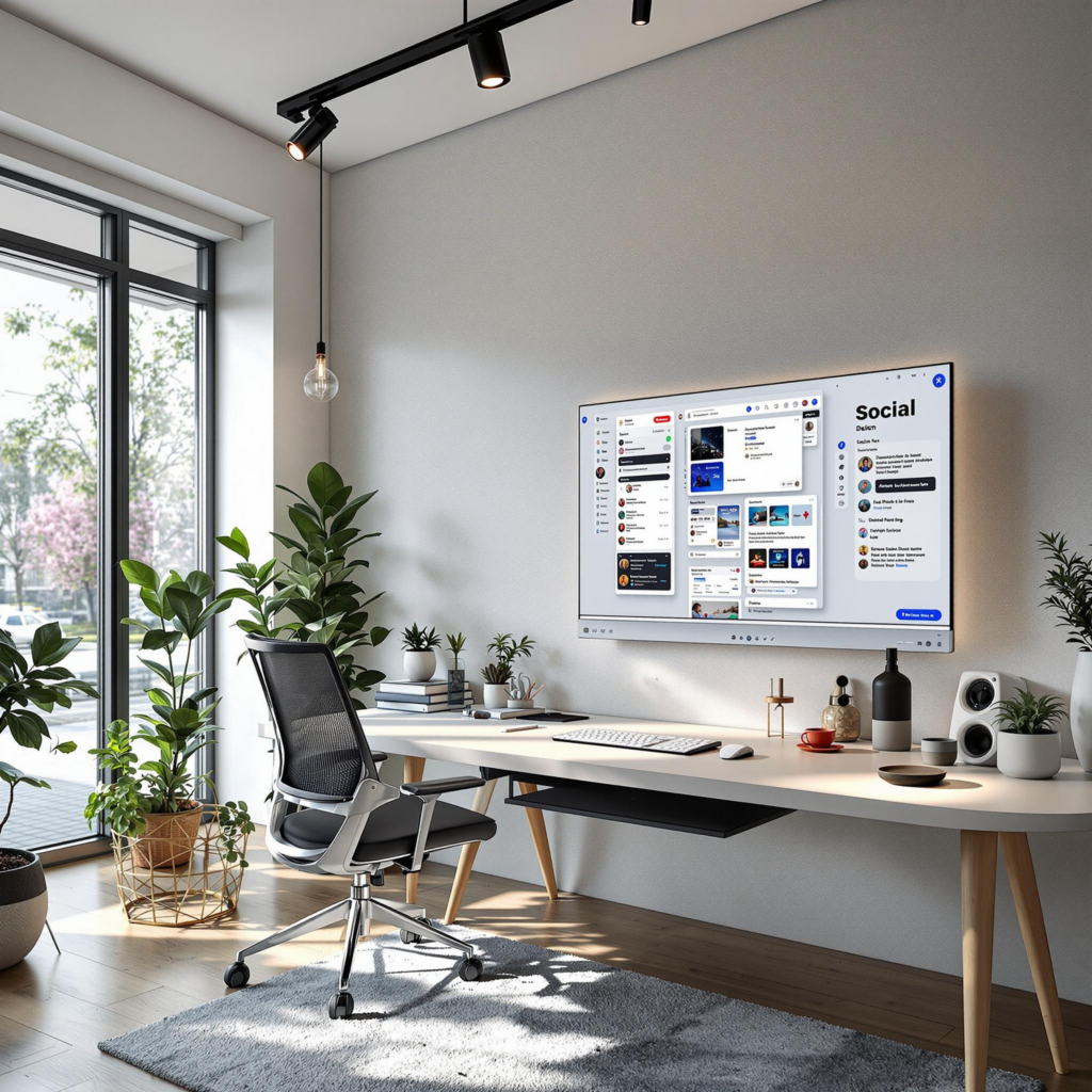 Modern home office with high-tech design elements and lush outdoor views.