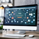 Modern iMac displaying FAQ interface with social media and UI/UX design analytics.