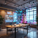 Modern office with AR technology displaying SEO and social media analytics for 2024.