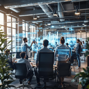 Modern office with tech presentation and diverse team engagement.