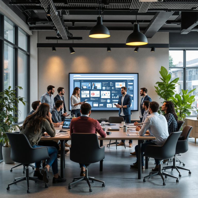 Eight professionals discuss web design in a modern, well-lit urban office setting.