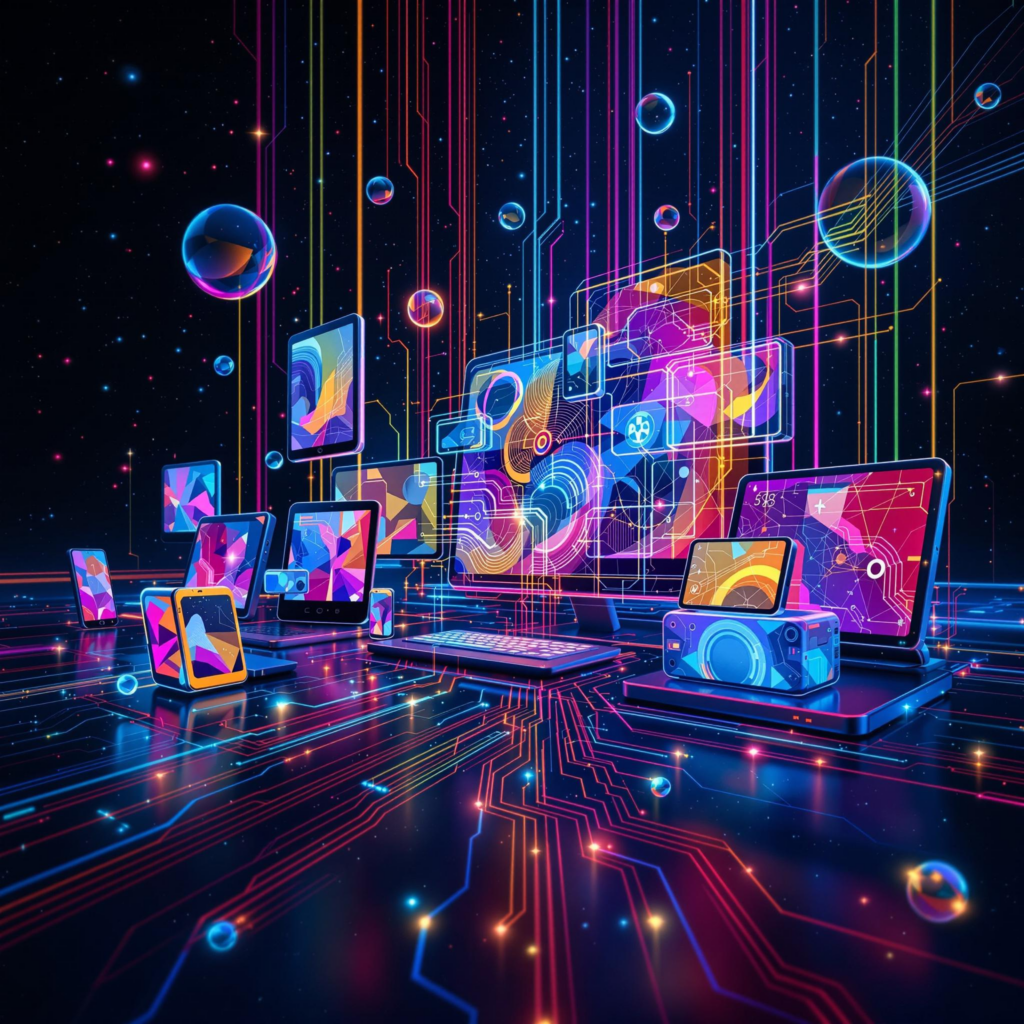 Vibrant cyberpunk landscape with interconnected devices and neon geometric holograms.