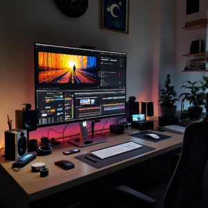 Sophisticated home office with ultra-wide monitor for advanced video editing and multimedia tasks.