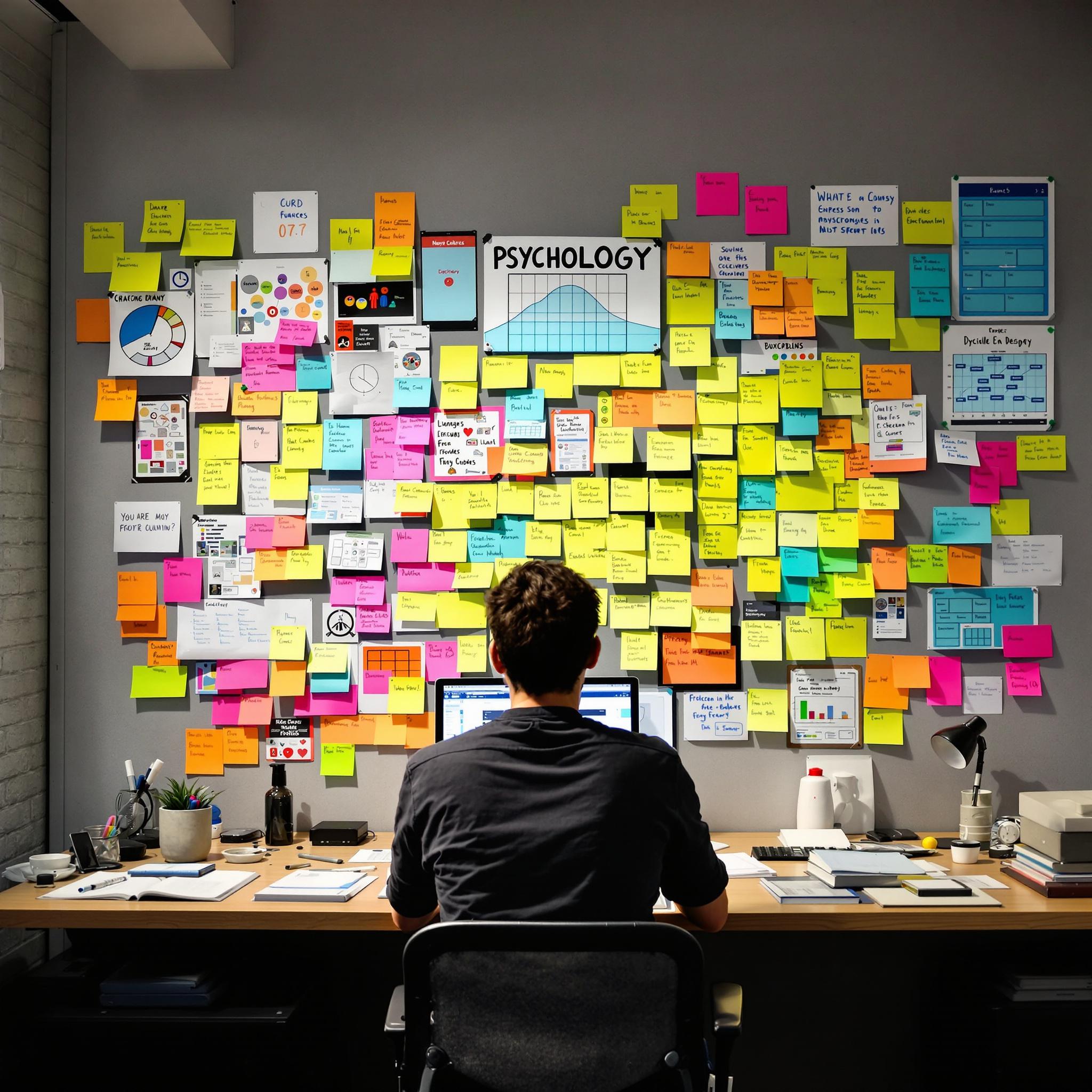 Man at desk planning UX/UI project with psychology notes and colorful sticky wall.